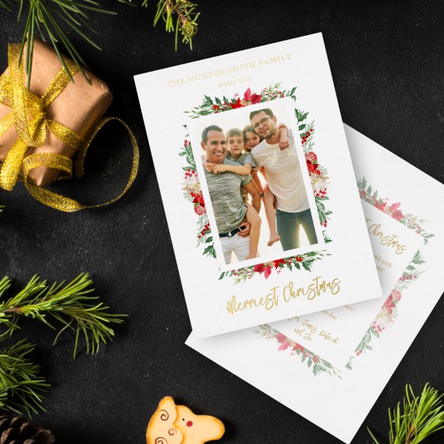Photo Classic Merriest Christmas Poinsettias Foil Invitation (Creator Uploaded)