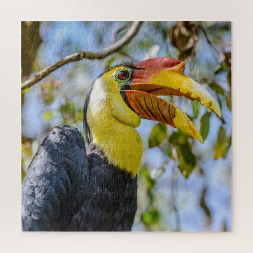 Photo Closeup Wrinkled Hornbill Bird Leaves Square Jigsaw Puzzle