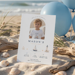  Photo Coastal Sailboat First Birthday  Invitation