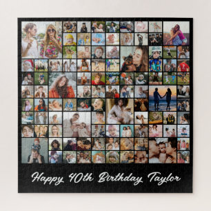 Photo Collage 100 Picture Grid Custom Square Black Jigsaw Puzzle