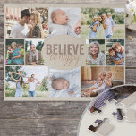 Photo Collage 10 Family Photo Believe be Happy Jigsaw Puzzle<br><div class="desc">Photo Collage puzzle with 10 of your favorite photos. The wording in the center reads "believe be happy" and is lettered in bold typography and casual, skinny font script. The photo template is set up for you to add 10 pictures, which are displayed in landscape, square and portrait pictures to...</div>