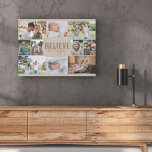Photo Collage 10 Picture Happy Quote Neutral Beige Faux Canvas Print<br><div class="desc">Photo Collage faux canvas with 10 of your favorite photos. The wording in the center reads "believe be happy" and is lettered in bold typography and casual, skinny font script. The photo template is set up for you to add 10 pictures, which are displayed in landscape, square and portrait pictures...</div>