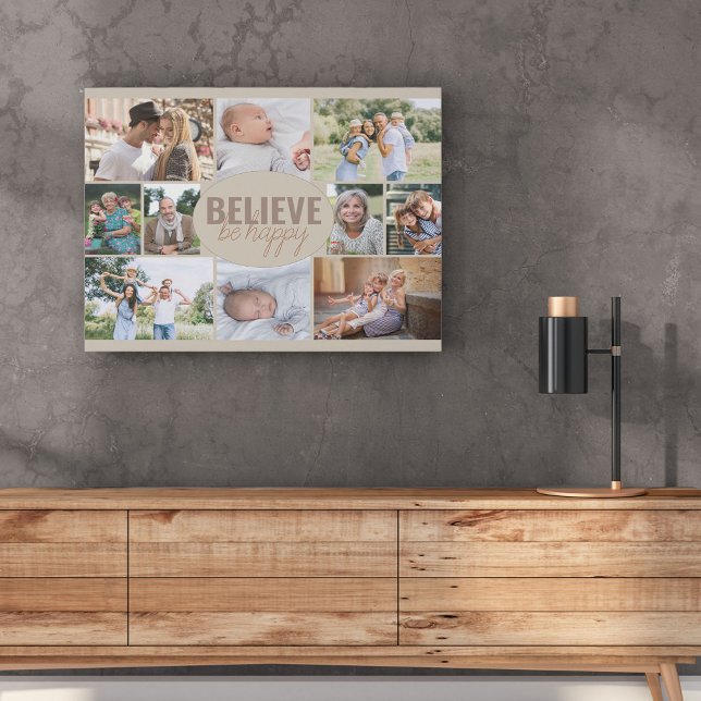 Photo Collage 10 Picture Happy Quote Neutral Beige Faux Canvas Print (Creator Uploaded)
