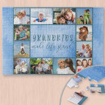 Photo Collage 12 Picture Grandkids Make Life Grand Jigsaw Puzzle<br><div class="desc">Custom photo puzzle with lovely grandkids quote and sky blue background. The photo template is set up ready for you to add 12 of your favorite photos which are displayed as a border around the grandparents saying. The wording reads "Grandkids make life grand" in hand lettered quirky uppercase and elegant...</div>