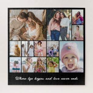 Photo Collage 12 Picture Grid Custom Square Black Jigsaw Puzzle