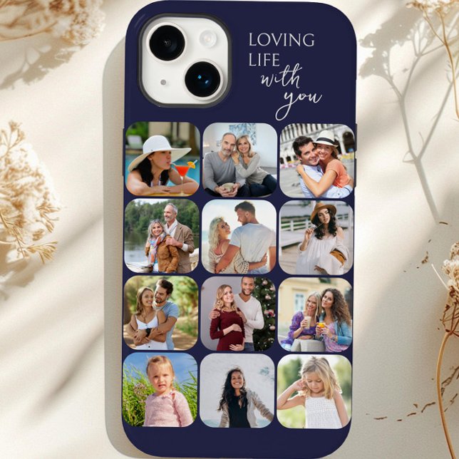 Photo Collage 12 Picture Grid Loving Life with You Case-Mate iPhone Case (Dark Purple iphone case with 12 picture photo collage by Darling & May)