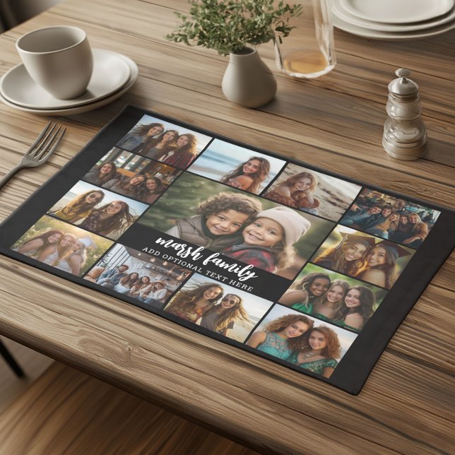Photo Collage - 13 Pics 2 Text Blocks Black White Cloth Placemat (Custom Cloth Placemat with Photo Collage)