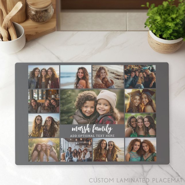 Photo Collage - 13 Pics 2 Text Blocks Grey White Placemat (Custom Photo Gallery on a Placemat)