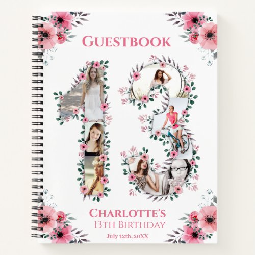 Photo Collage 13th Birthday Pink Flower Guest Book