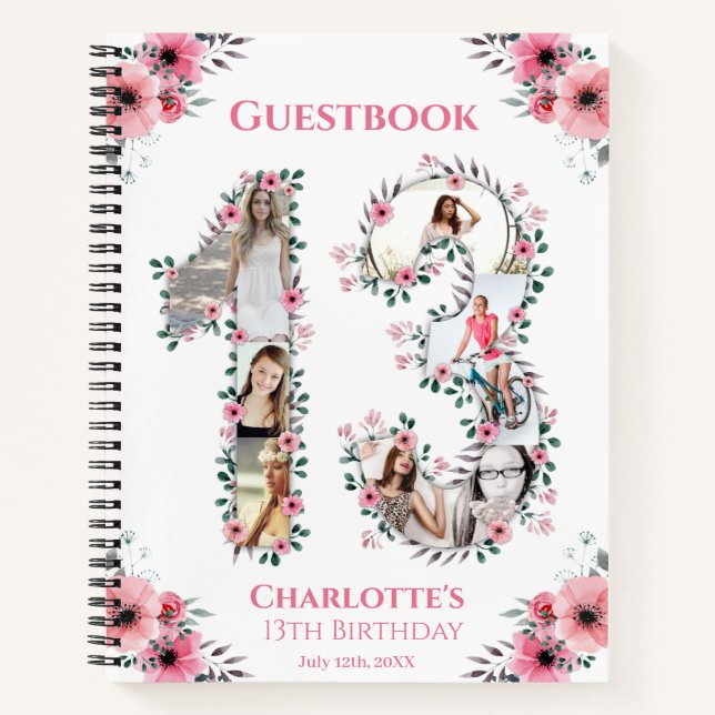 Photo Collage 13th Birthday Pink Flower Guest Book (Front)
