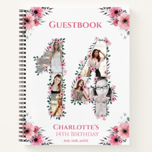 Photo Collage 14th Birthday Pink Flower Guest Book