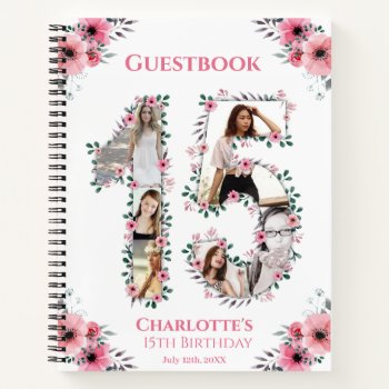 Photo Collage 15th Birthday Pink Flower Guest Book by SorayaShanCollection at Zazzle
