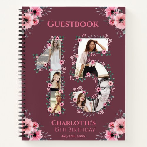 Photo Collage 15th Birthday Pink Flower Guest Book