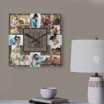 Photo Collage 16 Picture Brown Wood Numbered Square Wall Clock<br><div class="desc">Photo wall clock with 16 of your favorite photos. The design has a rustic brown wood look background and stylish clock face with modern numbers. The photo template is ready for you to upload your photos, which are displayed in 2x portrait, 2x landscape and 12x square / instagram picture format....</div>
