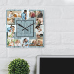 Photo Collage 16 Picture Coastal Blue Wood Square Wall Clock<br><div class="desc">Photo wall clock with 16 of your favorite photos. The design has a rustic coastal blue wood look background and stylish clock face with modern numbers. The photo template is ready for you to upload your photos, which are displayed in 2x portrait, 2x landscape and 12x square / instagram picture...</div>
