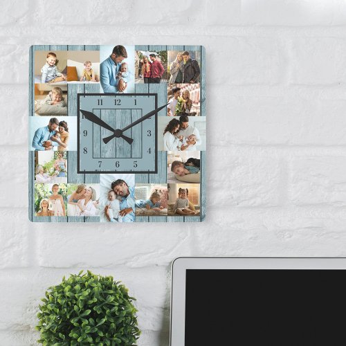 Photo Collage 16 Picture Coastal Blue Wood Square Wall Clock