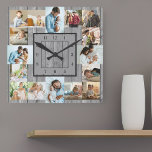 Photo Collage 16 Picture Grey Wood Numbered Square Wall Clock<br><div class="desc">Photo wall clock with 16 of your favorite photos. The design has a rustic grey, wood look background and stylish clock face with modern numbers. The photo template is ready for you to upload your photos, which are displayed in 2x portrait, 2x landscape and 12x square / instagram picture format....</div>