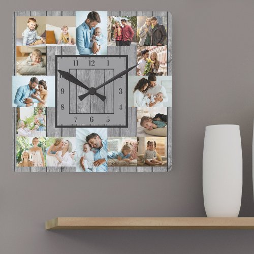 Photo Collage 16 Picture Grey Wood Numbered Square Wall Clock