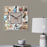 Photo Collage 16 Picture Light Wood Numbered Square Wall Clock<br><div class="desc">Photo wall clock with 16 of your favorite photos. The design has a rustic light brown wood look background and stylish clock face with modern numbers. The photo template is ready for you to upload your photos, which are displayed in 2x portrait, 2x landscape and 12x square / instagram picture...</div>