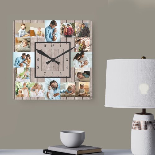 Photo Collage 16 Picture Light Wood Numbered Square Wall Clock