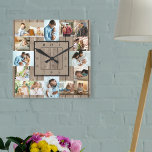 Photo Collage 16 Picture Rustic Wood Numbered Square Wall Clock<br><div class="desc">Photo wall clock with 16 of your favorite photos. The design has a rustic brown wood look background and stylish clock face with modern numbers. The photo template is ready for you to upload your photos, which are displayed in 2x portrait, 2x landscape and 12x square / instagram picture format....</div>