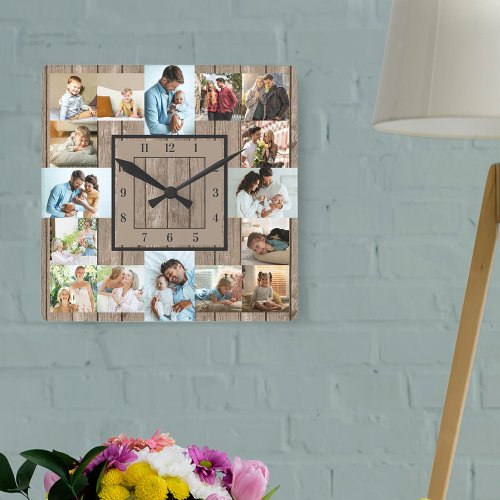 Photo Collage 16 Picture Rustic Wood Numbered Square Wall Clock