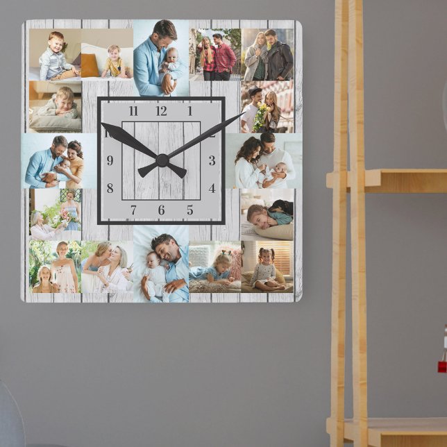 Photo Collage 16 Picture Whitewashed Wood Numbered Square Wall Clock (Photo clock holding 16 photos with larger pics at the quarter hours)