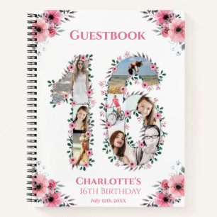 Photo Collage 16th Birthday Pink Flower Guest Book