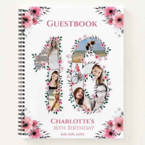 Photo Collage 16th Birthday Pink Flower Guest Book