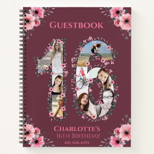 Photo Collage 16th Birthday Pink Flower Guest Book