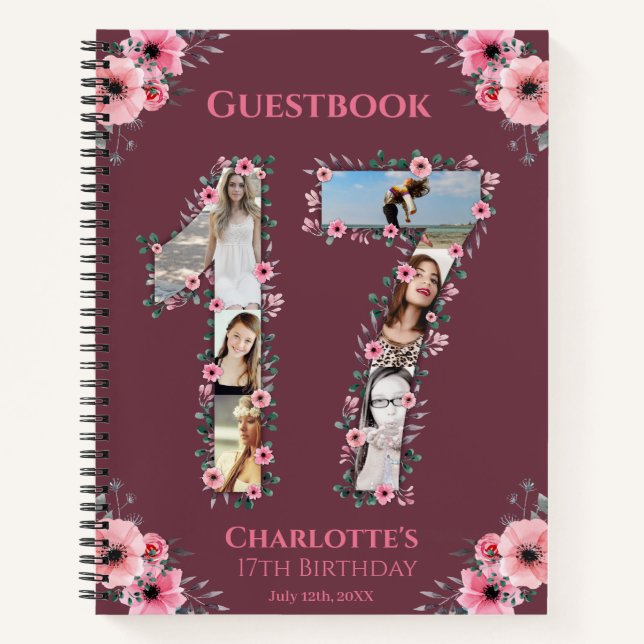 Photo Collage 17th Birthday Pink Flower Guest Book (Front)