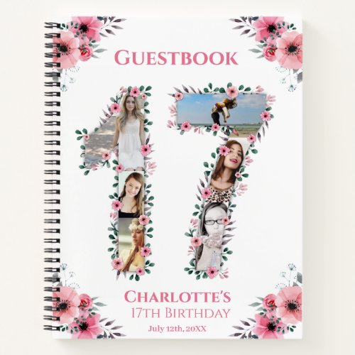 Photo Collage 17th Birthday Pink Flower Guest Book