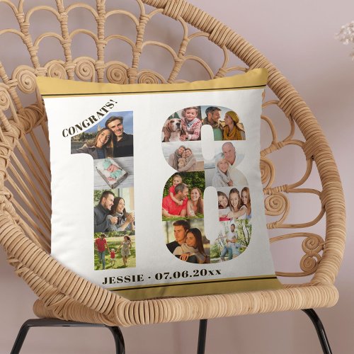 Photo Collage 18th Birthday Personalized Neutral Throw Pillow