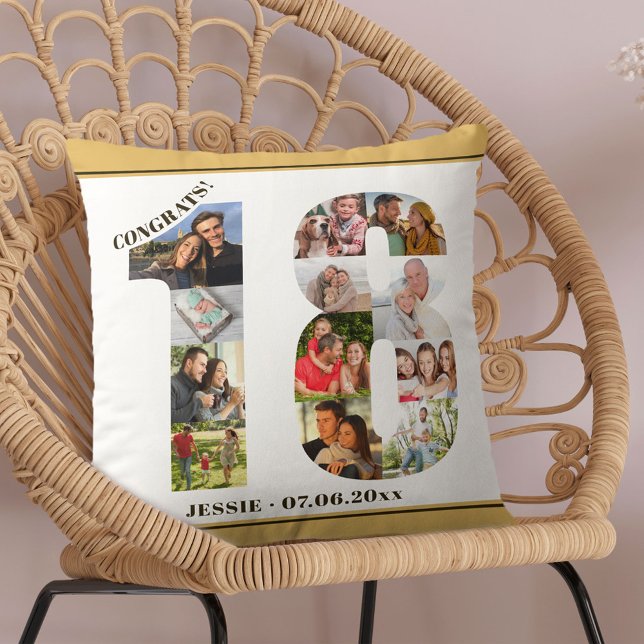 Photo Collage 18th Birthday Personalized Neutral Throw Pillow (Creator Uploaded)