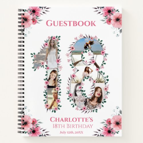 Photo Collage 18th Birthday Pink Flower Guest Book