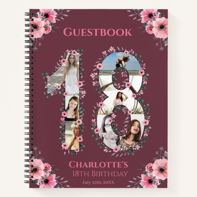 Photo Collage 18th Birthday Pink Flower Guest Book (Front)