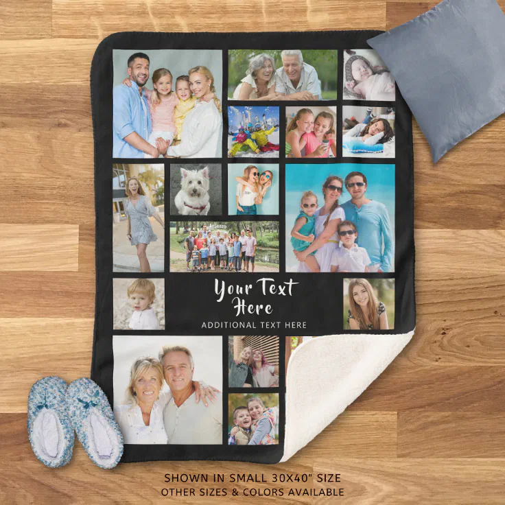 Photo Collage 19 Photos Brush Script Personalized Sherpa Blanket Zazzle