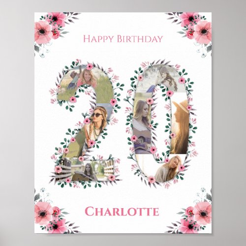 Photo Collage 20th Birthday Girl Pink Flower White Poster