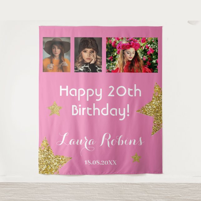 Photo Collage 20th Birthday Party Gold Backdrop (Front)