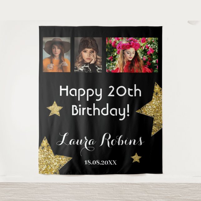 Photo Collage 20th Birthday Party Gold Backdrop (Front)