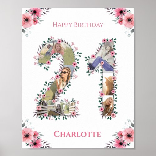 Photo Collage 21st Birthday Girl Pink Flower White Poster