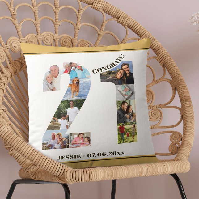 Photo Collage 21st Birthday Personalized Neutral Throw Pillow (Creator Uploaded)