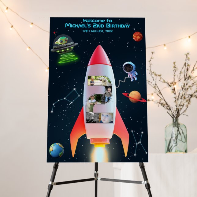 Photo Collage  | 2nd Birthday Rocket Space Welcome Foam Board (In Situ (Stand))