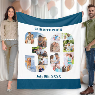 Photo Collage 30th Birthday Blue White Picture Fleece Blanket
