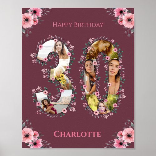 Photo Collage 30th Birthday Girl Pink Flower Woman Poster