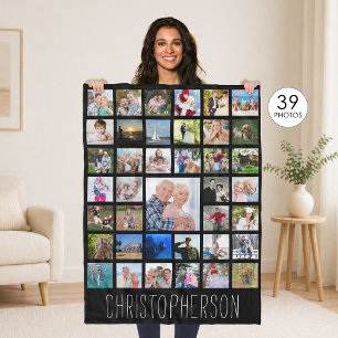 Photo Collage 39 Pics Editable Color Personalized Fleece Blanket