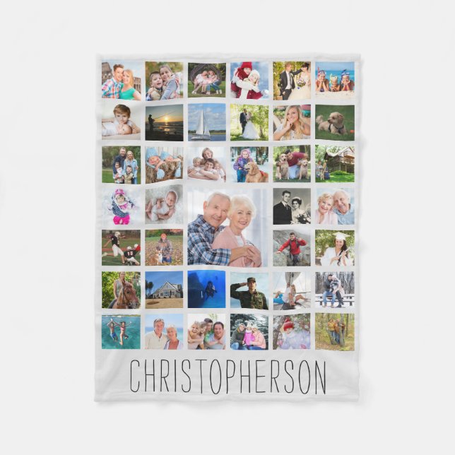 Photo Collage 39 Pics Editable Gray Personalized Fleece Blanket (Front)