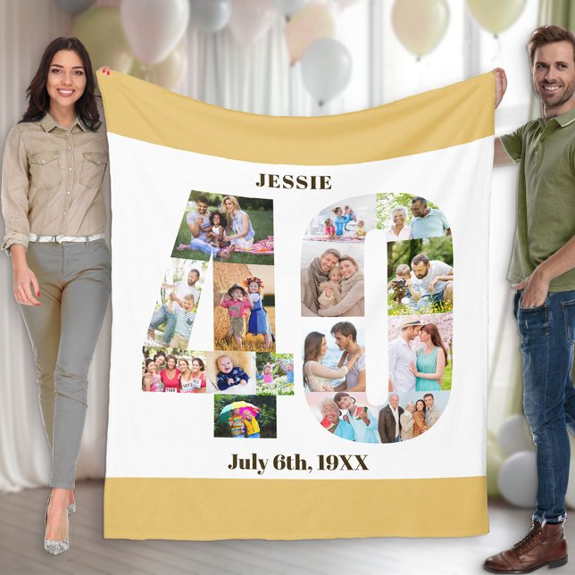 Photo Collage 40th Birthday Beige White Picture Fleece Blanket (Creator Uploaded)