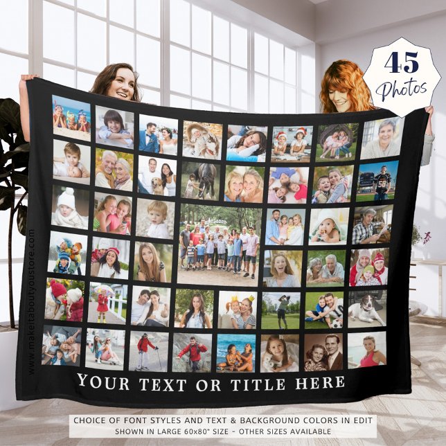 Photo Collage 45 Photo Template Custom Text Black Fleece Blanket (Creator Uploaded)