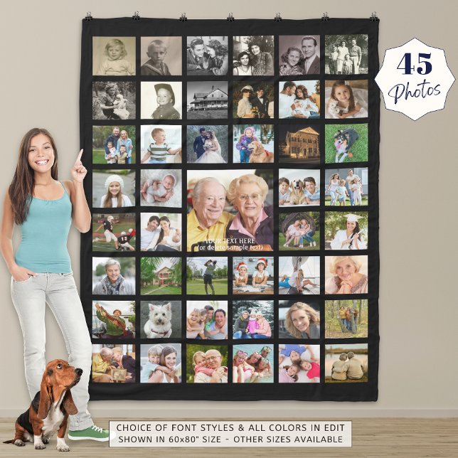 Photo Collage 45 Photo Template Personalized Black Fleece Blanket (Creator Uploaded)